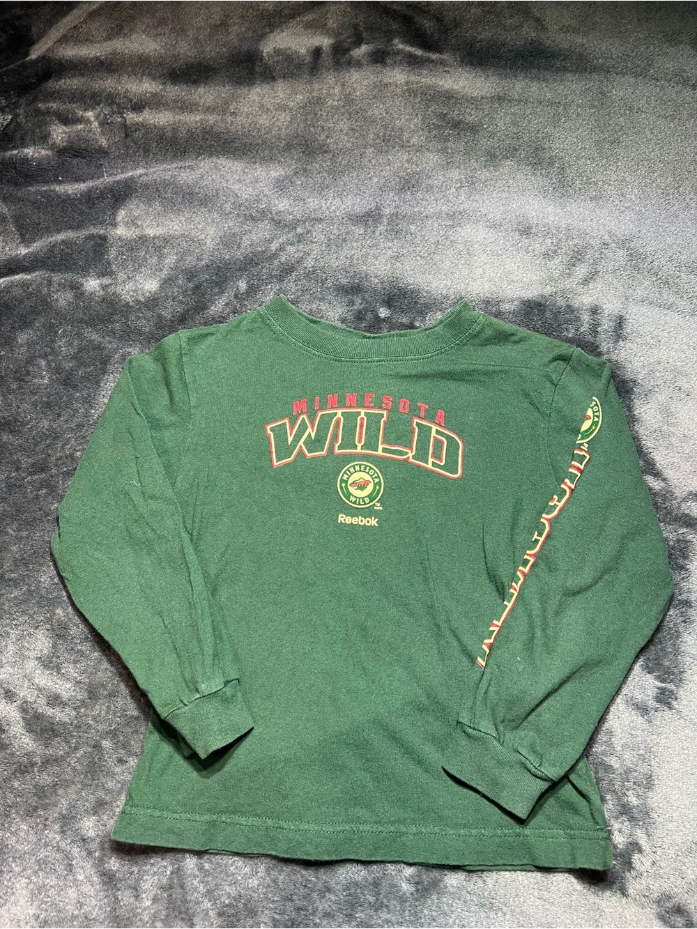 Reebok Minnesota Wild Dark Green Long Sleeve Kids Tee with Red Accents